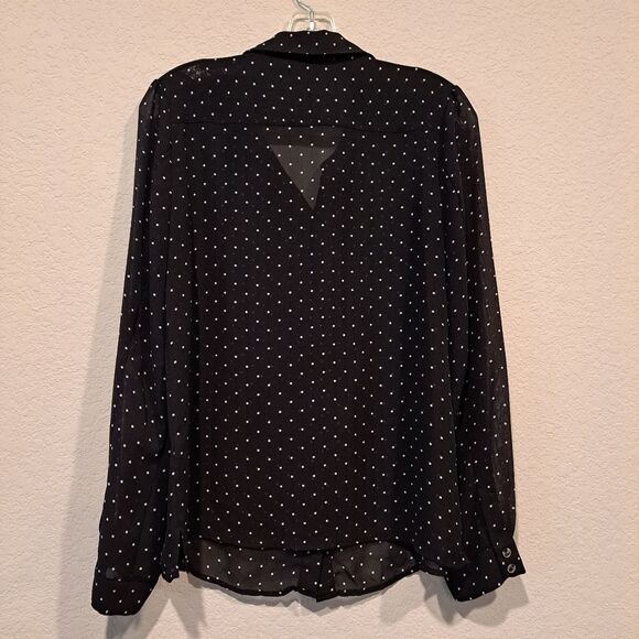 Halogen sheer lightweight button-up blouse top shirt black white polka-dots sz M - Picture 3 of 7